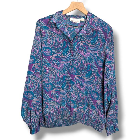 VTG ALFRED DUNNER Multicolor SATIN Paisley Print BUTTON Banded Hem BLOUSE Top 16 - Picture 1 of 6